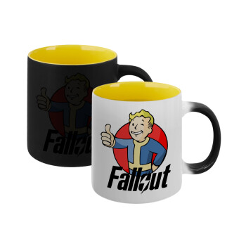 Fallout Vault Boy, Κούπα Μαγική εσωτερικό κίτρινη, κεραμική 330ml που αλλάζει χρώμα με το ζεστό ρόφημα