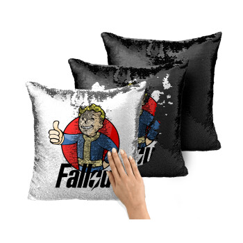 Fallout Vault Boy, Μαξιλάρι καναπέ Μαγικό Μαύρο με πούλιες 40x40cm περιέχεται το γέμισμα