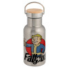 Stainless steel metallic thermos flask, silver with a bamboo lid, double-walled, 350ml.