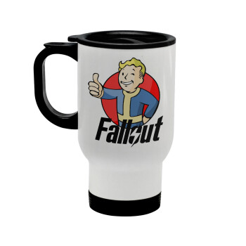 Fallout Vault Boy, Κούπα ταξιδιού ανοξείδωτη με καπάκι, διπλού τοιχώματος (θερμό) λευκή 450ml