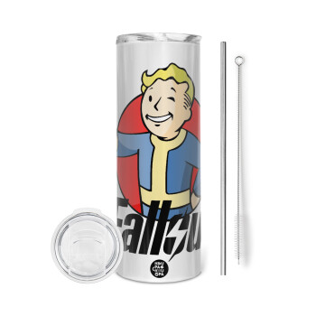 Fallout Vault Boy, Tumbler ποτήρι θερμό από ανοξείδωτο ατσάλι 600ml, με μεταλλικό καλαμάκι & βούρτσα καθαρισμού