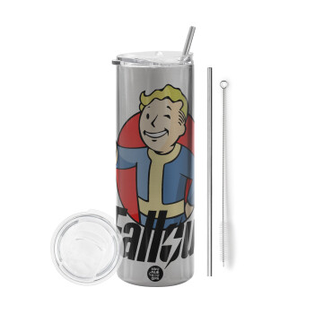 Fallout Vault Boy, Eco friendly ποτήρι θερμό Ασημένιο (tumbler) από ανοξείδωτο ατσάλι 600ml, με μεταλλικό καλαμάκι & βούρτσα καθαρισμού