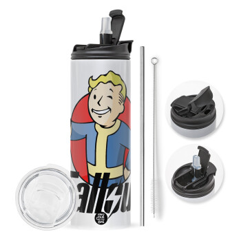 Fallout Vault Boy, Travel Tumbler θερμό με διπλό καπάκι, μεταλλικό καλαμάκι και βούρτσα καθαρισμού (Ανωξείδωτο 304 Food grade, BPA free, 600ml)