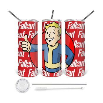 Fallout Vault Boy, Tumbler ποτήρι θερμό από ανοξείδωτο ατσάλι 600ml, με μεταλλικό καλαμάκι & βούρτσα καθαρισμού