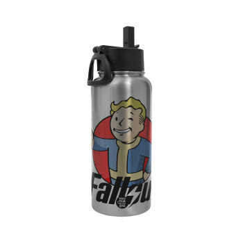 Fallout Vault Boy, Μεταλλικό παγούρι θερμός Silver με καλαμάκι και χερούλι (Stainless steel), διπλού τοιχώματος, 950ml