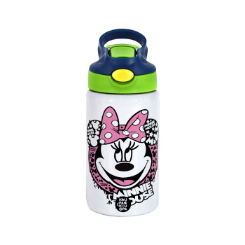 Minnie mouse, Children's hot water bottle, stainless steel, with safety straw, green, blue (350ml)