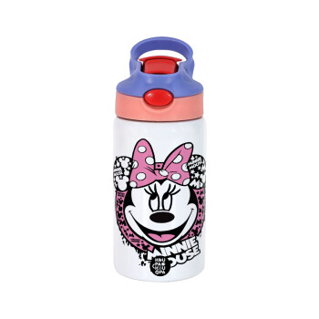 Minnie mouse, Children's hot water bottle, stainless steel, with safety straw, pink/purple (350ml)