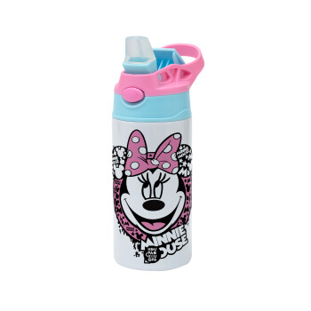 Minnie mouse, Children's hot water bottle, stainless steel, with safety straw, Pink/BlueCiel (360ml) BPA FREE