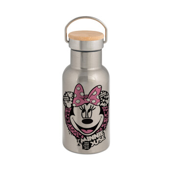 Minnie mouse, Stainless steel metallic thermos flask, silver with a bamboo lid, double-walled, 350ml.