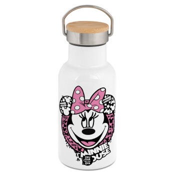 Minnie mouse, Metallic thermos (Stainless steel) White with wooden lid (bamboo), double-walled, 350ml