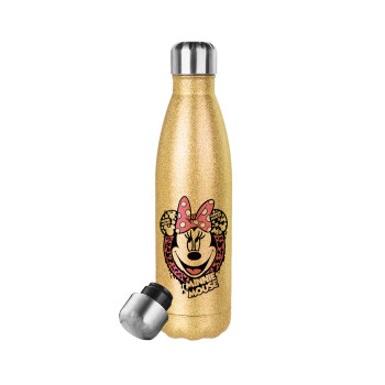 Minnie mouse, Glitter gold stainless steel thermos bottle, double-walled, 500ml