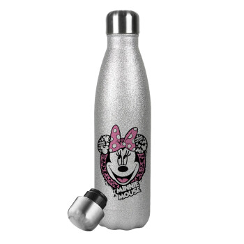 Minnie mouse, Μεταλλικό παγούρι θερμός Glitter Aσημένιο (Stainless steel), διπλού τοιχώματος, 500ml