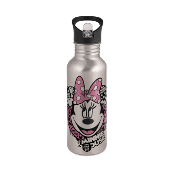 Minnie mouse, Water bottle Silver with straw, stainless steel 600ml