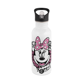 Minnie mouse, White water bottle with straw, stainless steel 600ml