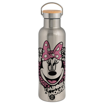 Minnie mouse, Stainless steel Silver with wooden lid (bamboo), double wall, 750ml