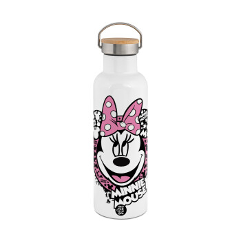 Minnie mouse, Stainless steel White with wooden lid (bamboo), double wall, 750ml