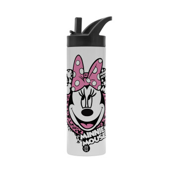 Minnie mouse, Metallic thermos bottle with straw & handle, stainless steel (Stainless steel 304), double-walled, 600ml.