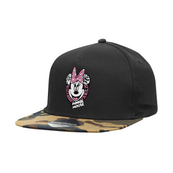 Minnie mouse, Adult Flat Snapback Hat Black/Camouflage, (100% COTTON TWILL, ADULT, UNISEX, ONE SIZE)