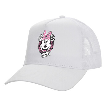 Minnie mouse, Structured Trucker Adult Hat, with Mesh, WHITE (100% COTTON, ADULT, UNISEX, ONE SIZE)