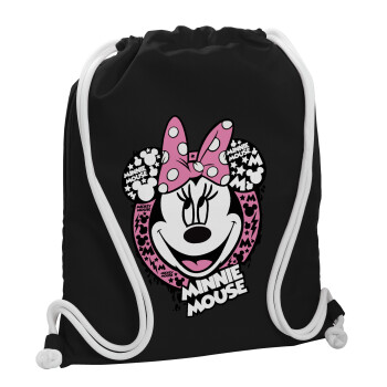 Minnie mouse, Τσάντα πλάτης πουγκί GYMBAG Μαύρη, με τσέπη (40x48cm) & χονδρά λευκά κορδόνια