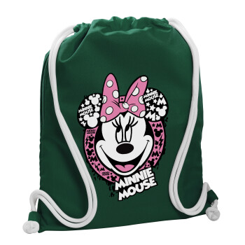 Minnie mouse, Τσάντα πλάτης πουγκί GYMBAG BOTTLE GREEN, με τσέπη (40x48cm) & χονδρά λευκά κορδόνια