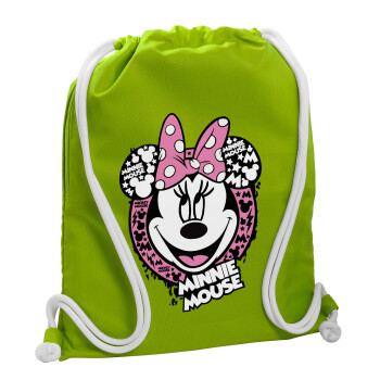 Minnie mouse, Τσάντα πλάτης πουγκί GYMBAG LIME GREEN, με τσέπη (40x48cm) & χονδρά κορδόνια