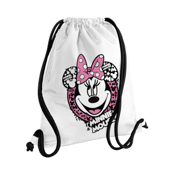 Minnie mouse, Backpack pouch GYMBAG white, with pocket (40x48cm) & thick cords