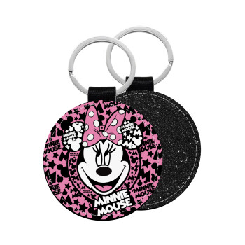 Minnie mouse, Μπρελόκ Δερματίνη, στρογγυλό ΜΑΥΡΟ (5cm)