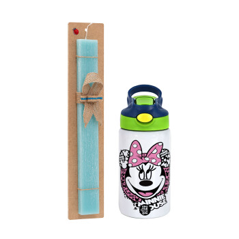 Minnie mouse, Easter Set, Children's thermal stainless steel bottle with safety straw, green/blue (350ml) & aromatic flat Easter candle (30cm) (TURQUOISE)