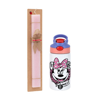 Minnie mouse, Easter Set, Children's thermal stainless steel water bottle with safety straw, pink/purple (350ml) & Easter scented flat candle (30cm) (PINK)