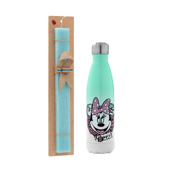 Minnie mouse, Easter Set, Metallic green/white thermos (Stainless steel), double-walled, 500ml & scented flat Easter candle (30cm) (TURQUOISE)