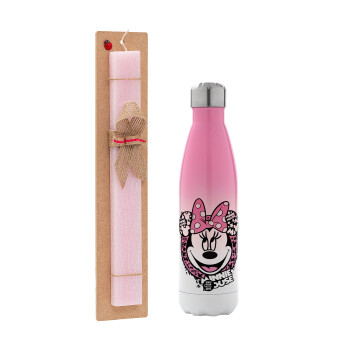 Minnie mouse, Easter Set, Metallic pink/white (Stainless steel) thermos, double-walled, 500ml & aromatic flat Easter candle (30cm) (PINK)