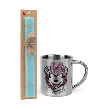 Minnie mouse, Easter Set, metallic thermal cup (300ml) & aromatic flat Easter candle (30cm) (TURQUOISE)