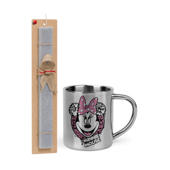 Minnie mouse, Easter Set, metallic thermal cup (300ml) & Easter aromatic flat candle (30cm) (GRAY)