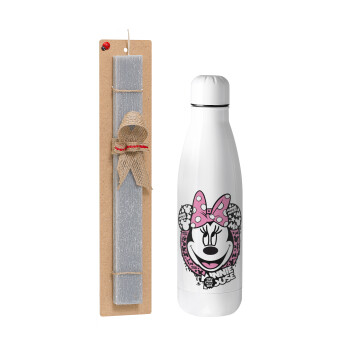 Minnie mouse, Πασχαλινό Σετ, μεταλλικό παγούρι Inox (700ml) & πασχαλινή λαμπάδα αρωματική πλακέ (30cm) (ΓΚΡΙ)