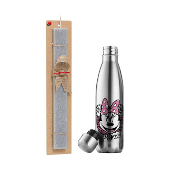 Minnie mouse, Easter Set, metallic stainless thermos flask (500ml) & scented flat Easter candle (30cm) (GRAY)