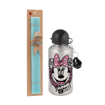 Minnie mouse, Easter Set, metallic silver aluminum water bottle (500ml) & scented flat Easter candle (30cm) (TURQUOISE)