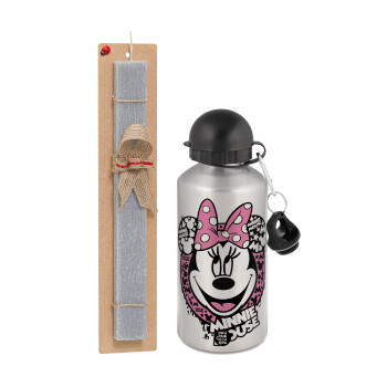 Minnie mouse, Easter Set, metallic silver aluminum water bottle (500ml) & aromatic flat Easter candle (30cm) (GRAY)