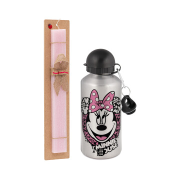 Minnie mouse, Easter Set, metallic Silver aluminum water bottle (500ml) & scented flat Easter candle (30cm) (PINK)