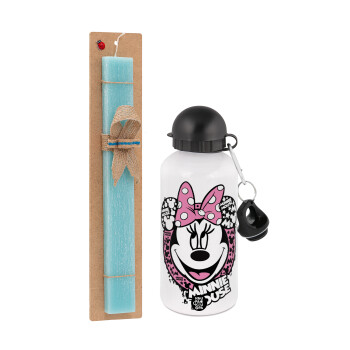 Minnie mouse, Easter Set, metallic aluminum water bottle (500ml) & scented flat candle (30cm) (TURQUOISE)