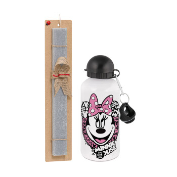 Minnie mouse, Easter Set, metallic aluminum water bottle (500ml) & aromatic flat Easter candle (30cm) (GRAY)