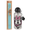 Easter Set, metallic silver aluminum water bottle (500ml) & scented flat Easter candle (30cm) (TURQUOISE)