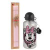 Easter Set, metallic Silver aluminum water bottle (500ml) & scented flat Easter candle (30cm) (PINK)