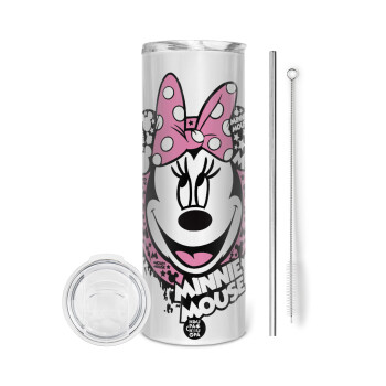 Minnie mouse, Tumbler ποτήρι θερμό από ανοξείδωτο ατσάλι 600ml, με μεταλλικό καλαμάκι & βούρτσα καθαρισμού