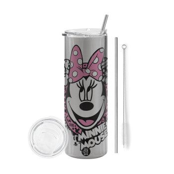 Minnie mouse, Eco friendly ποτήρι θερμό Ασημένιο (tumbler) από ανοξείδωτο ατσάλι 600ml, με μεταλλικό καλαμάκι & βούρτσα καθαρισμού