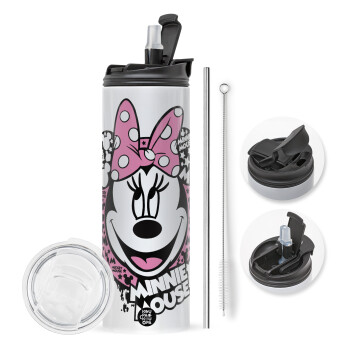 Minnie mouse, Travel Tumbler θερμό με διπλό καπάκι, μεταλλικό καλαμάκι και βούρτσα καθαρισμού (Ανωξείδωτο 304 Food grade, BPA free, 600ml)