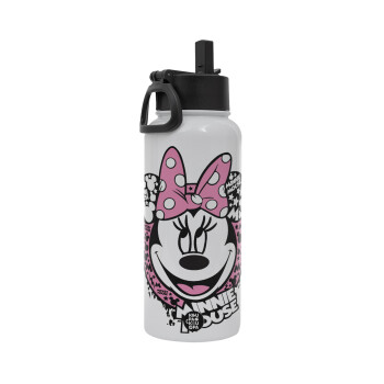 Minnie mouse, Metal mug thermo White with Straw and Spout Lid (Stainless steel), double wall, 950ml