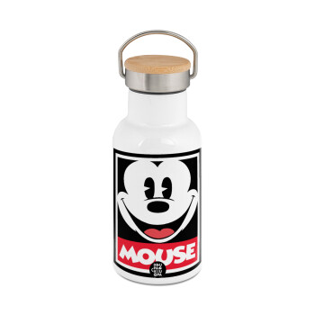 Mickey Mouse, Metallic thermos (Stainless steel) White with wooden lid (bamboo), double-walled, 350ml