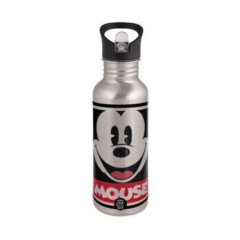 Mickey Mouse, Water bottle Silver with straw, stainless steel 600ml