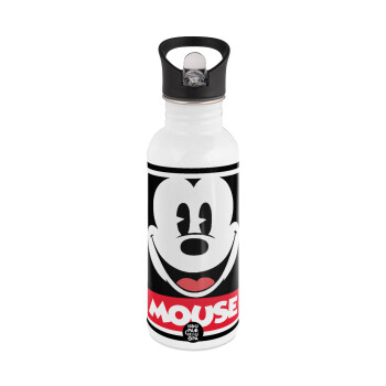 Mickey Mouse, White water bottle with straw, stainless steel 600ml